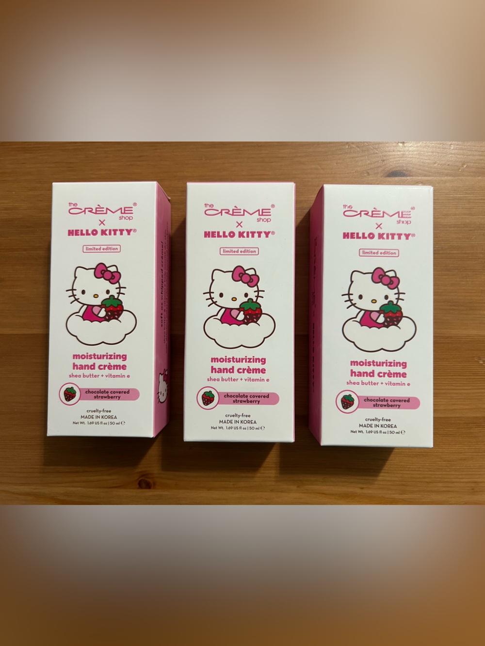 The Crème Shop hello Kitty hand lotion set of 3. Chocolate Covered Strawberry